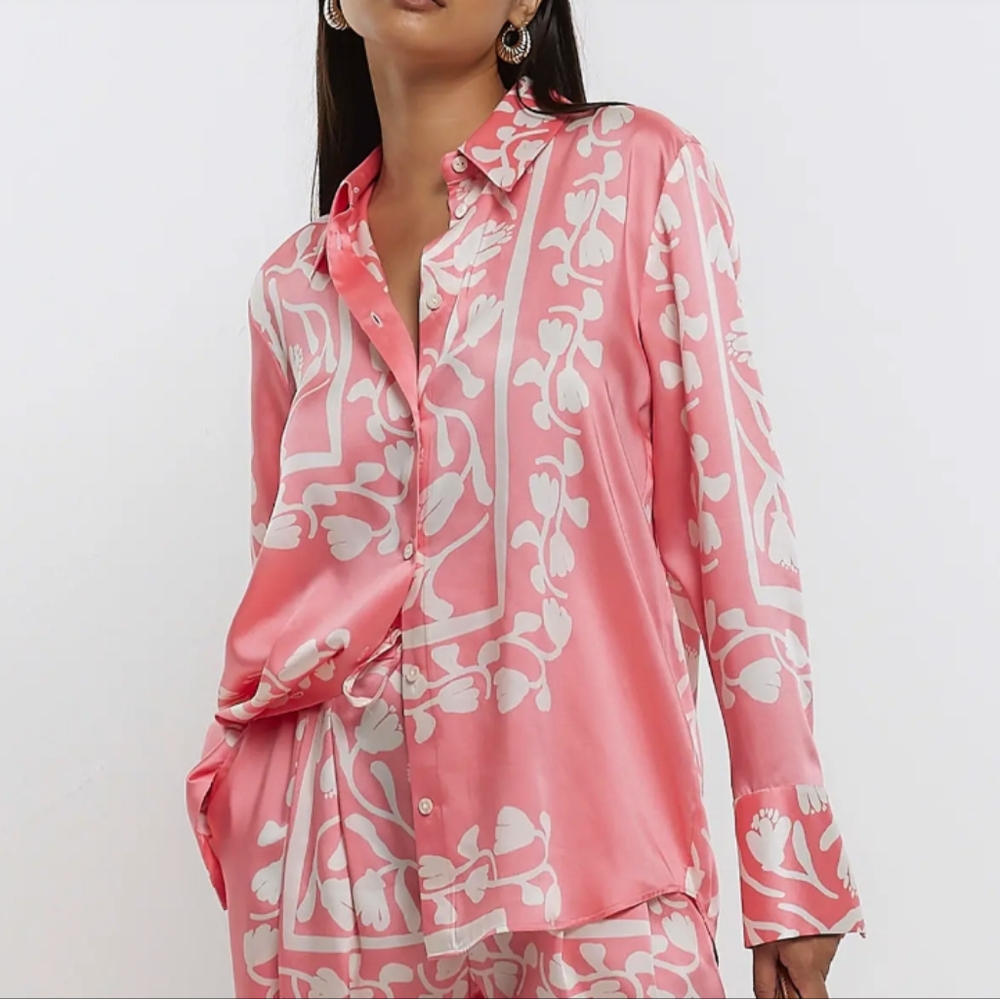 River Island Coral Pink and White Floral Scarf Patterned Blouse size 10